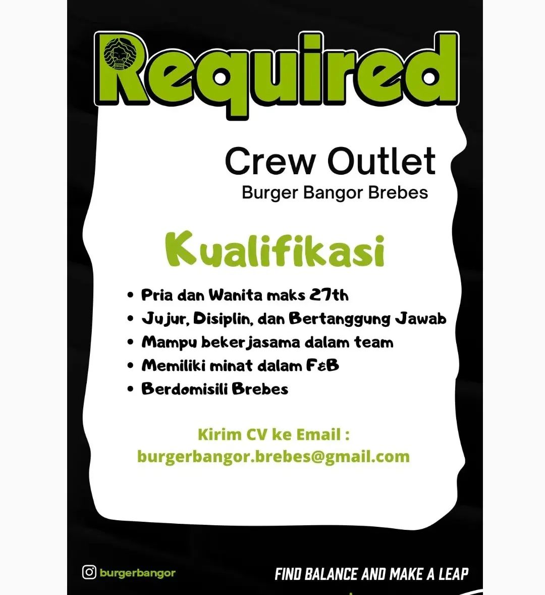 Lowongan Kerja Crew Outlet di Burger Bangor Brebes