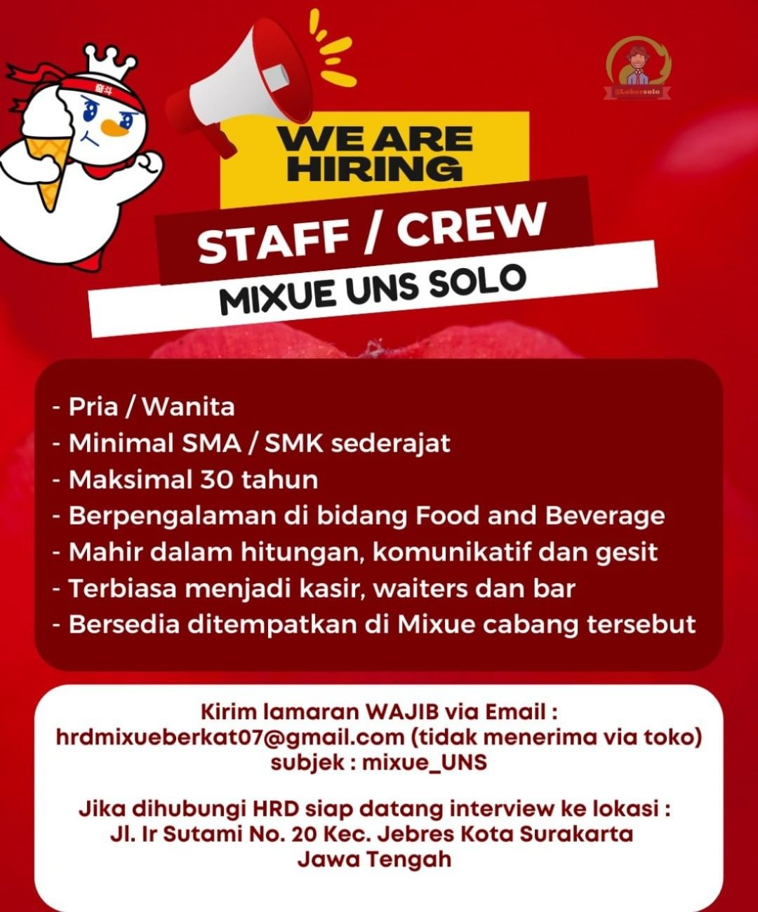 Lowongan Kerja Crew Store di Mixue UNS Solo