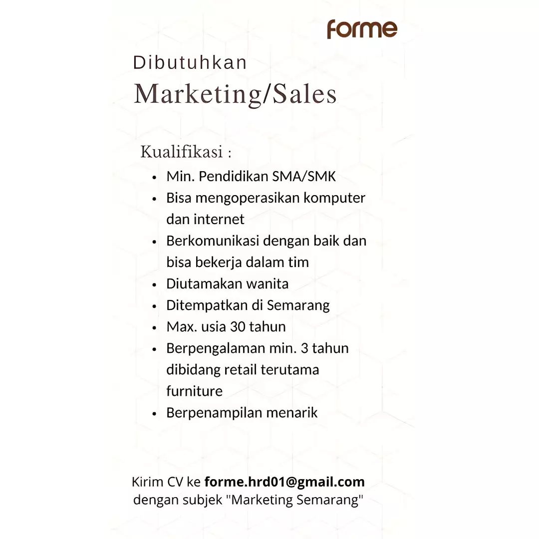 Lowongan Kerja Marketing Sales di Forme Semarang