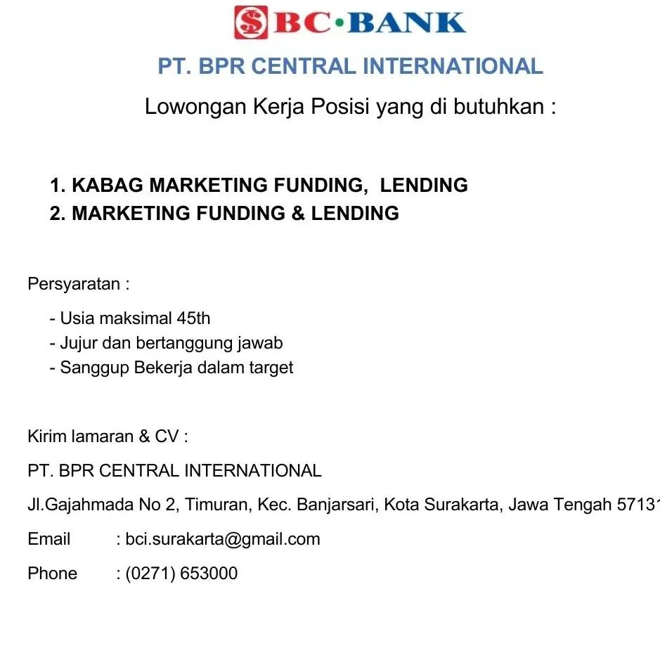 Lowongan Kerja Marketing di BPR Central International Surakarta