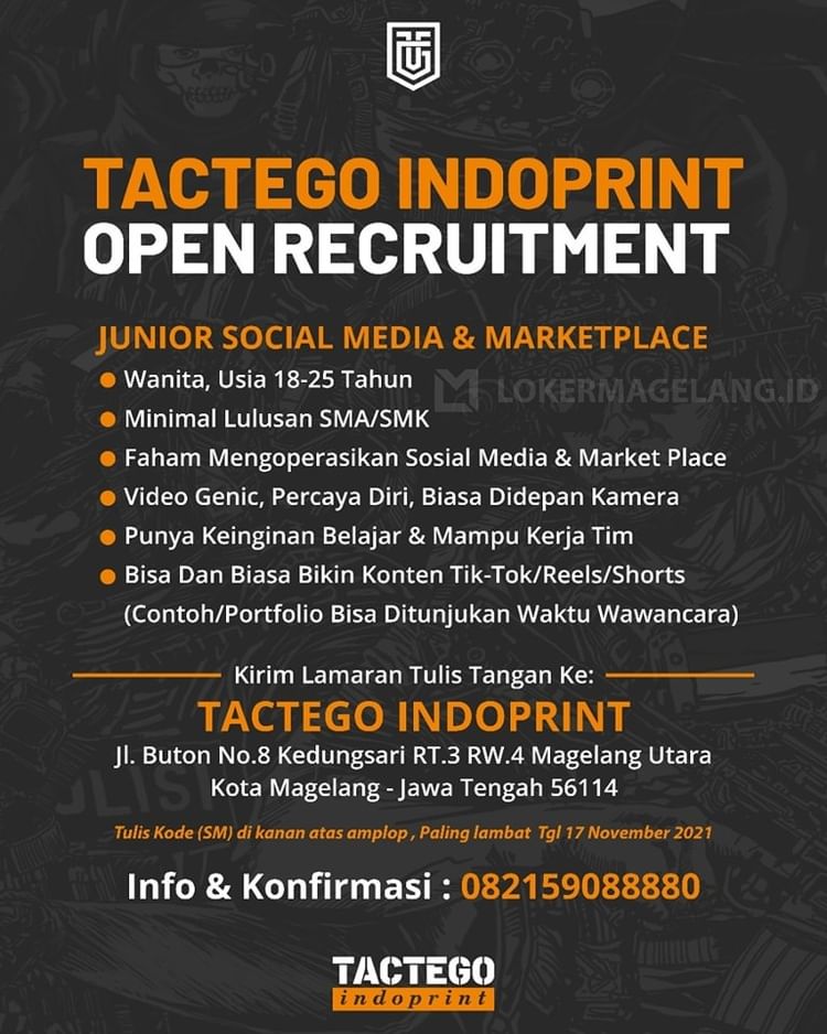 Lowongan Kerja Admin Social Media & Marketplace di Tactego Indoprint Magelang