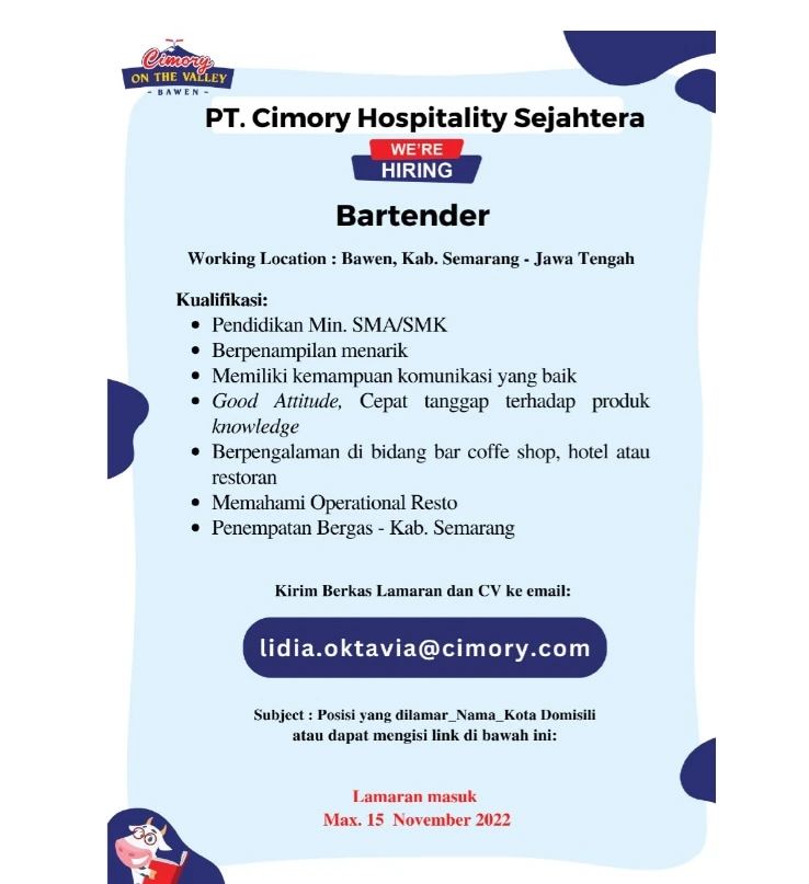 Lowongan Kerja Bartender di PT Cimory Hospitality Sejahtera Semarang