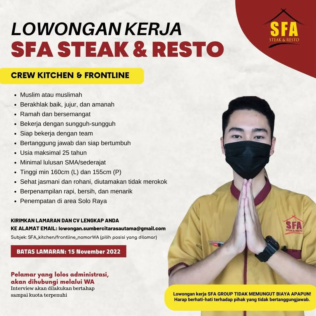 Lowongan Kerja Crew Kitchen & Frontline di SFA Steak Resto Solo