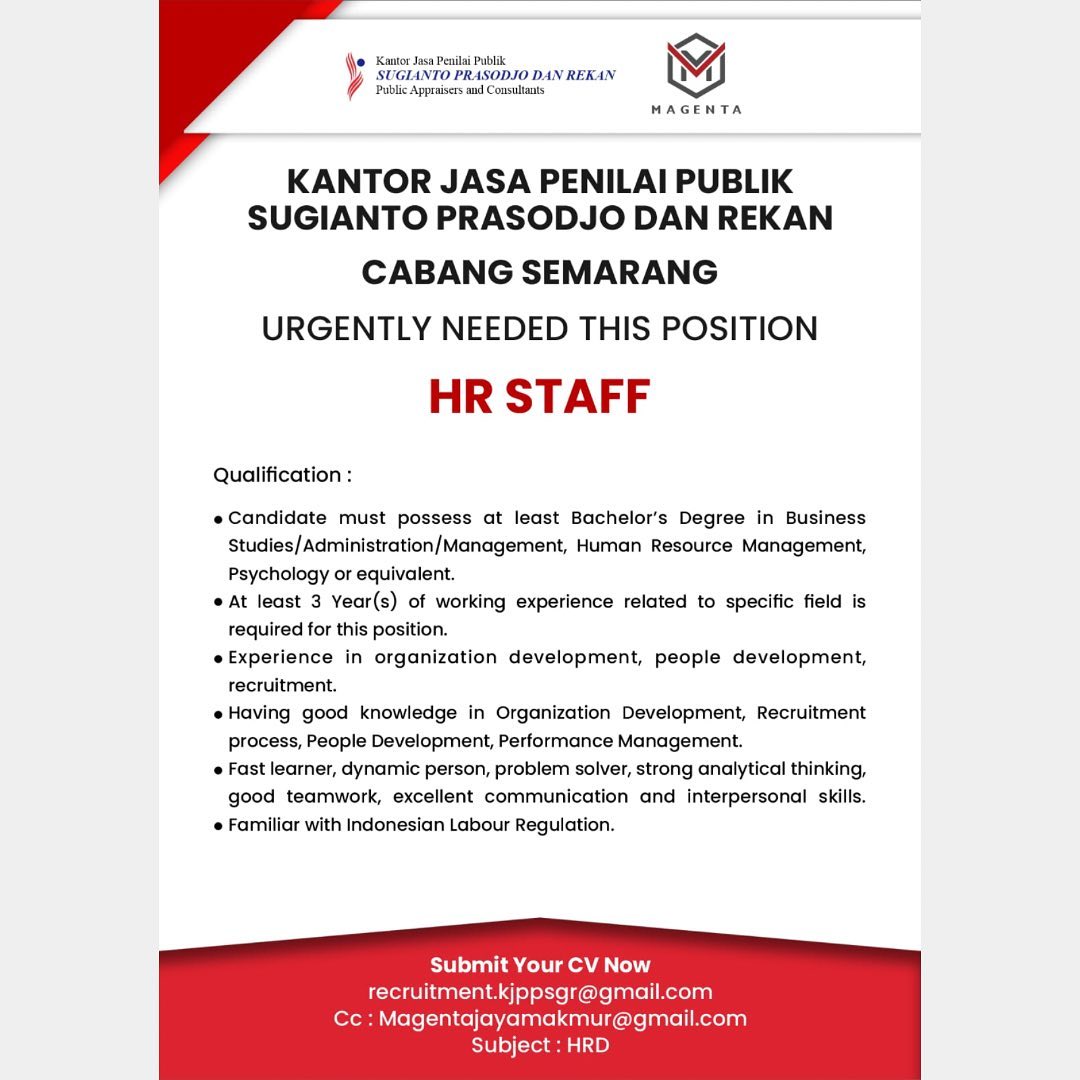 Lowongan Kerja HR Staff di Kantor JPP Sugianto dan Rekan Semarang