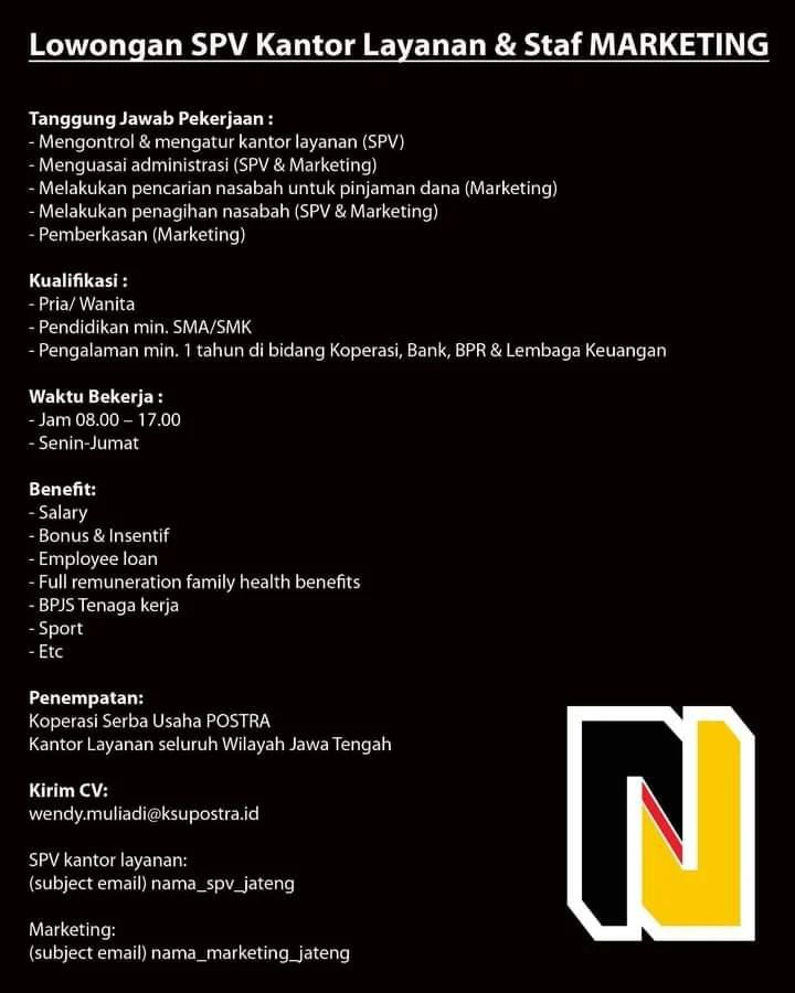Lowongan Kerja SPV Kantor Pelayanan & Staff Marketing di KSU Postra Seluruh Jawa Tengah