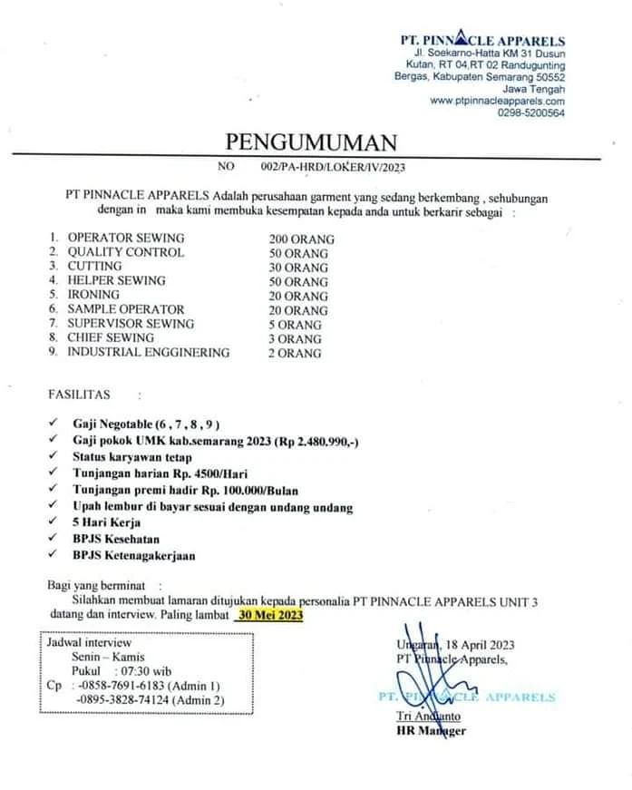 Lowongan Kerja Banyak Posisi di PT Pinnacle Apparels Kab. Semarang