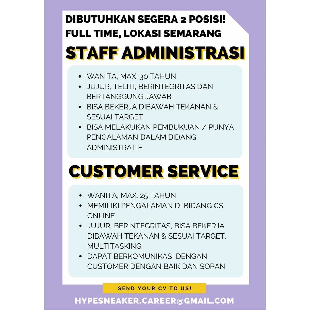 Lowongan Kerja Staff Administrasi & CS di Hypersneaker Semarang
