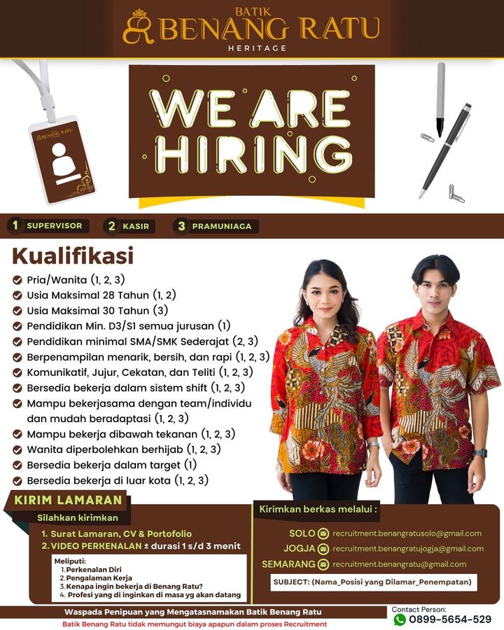 Lowongan Kerja Supervisor & Kasir di Batik Benang Ratu Solo - Semarang