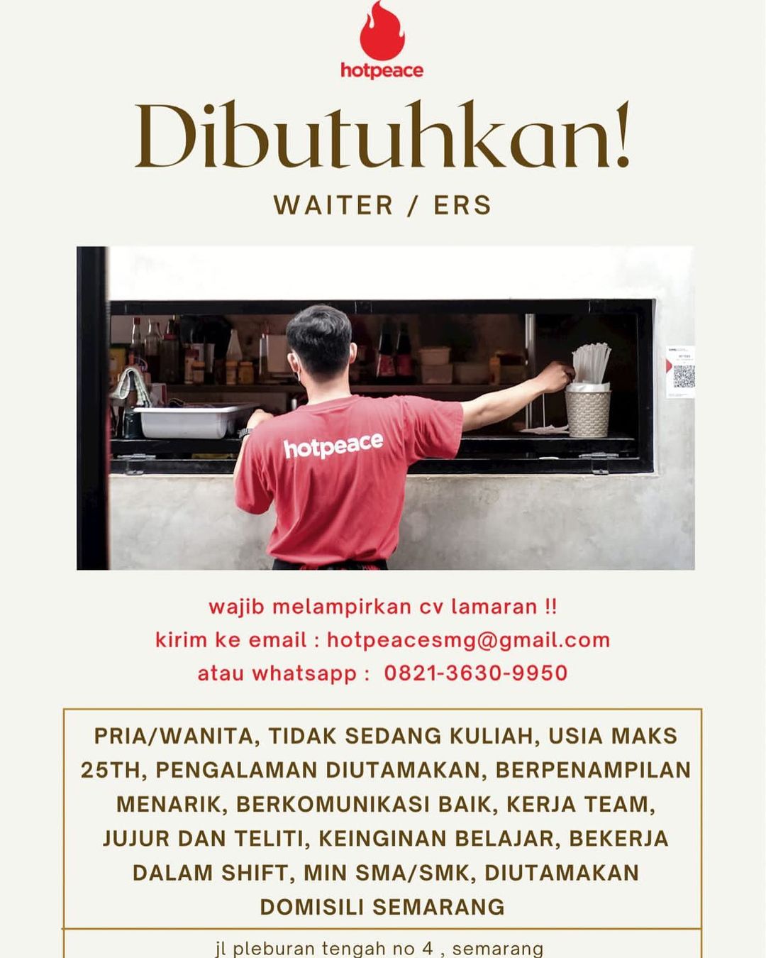 Lowongan Kerja Waiter Ers di Hotpeace Semarang