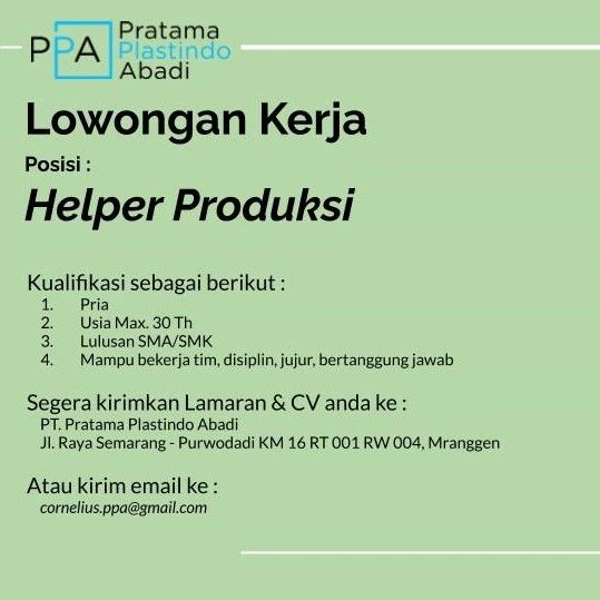Lowongan Kerja Helper Produksi di Pratama Plastindo Abadi Semarang
