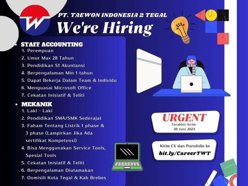 Lowongan Kerja Staff Accounting & Mekanik di PT Taewon Indonesia Tegal