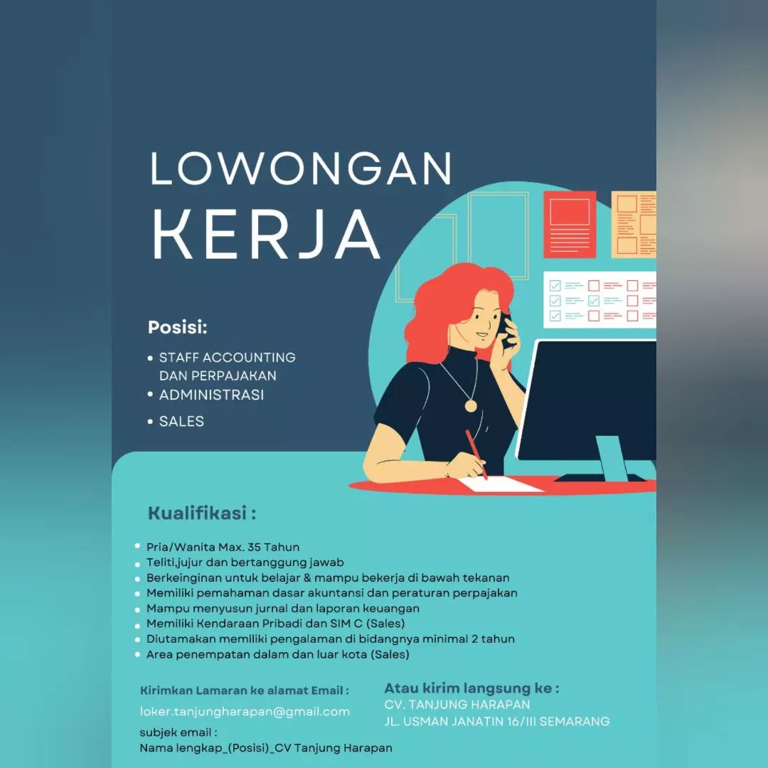 Lowongan Staff Accounting, Sales & Admin di CV. Tanjung Harapan Semarang
