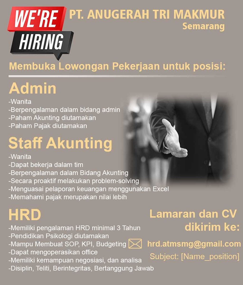 Lowongan Kerja HRD, Admin & Akunting di PT Anugerah Tri Semarang