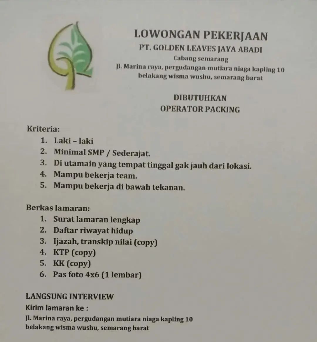 Lowongan Kerja Operator Packing di PT. Golden Leaves Jaya Semarang
