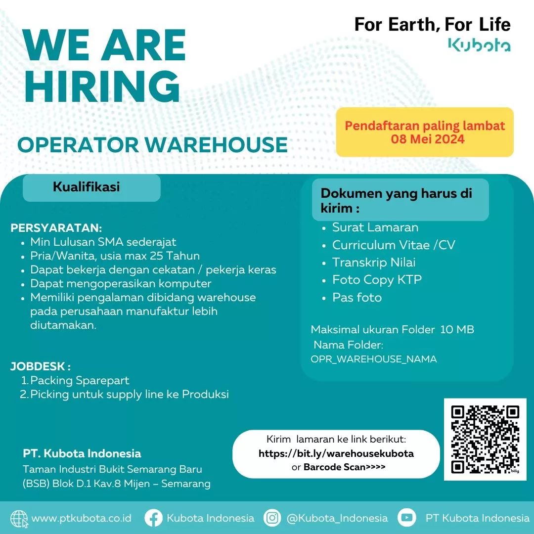 Lowongan Kerja Operator Warehouse di PT Kubota Semarang