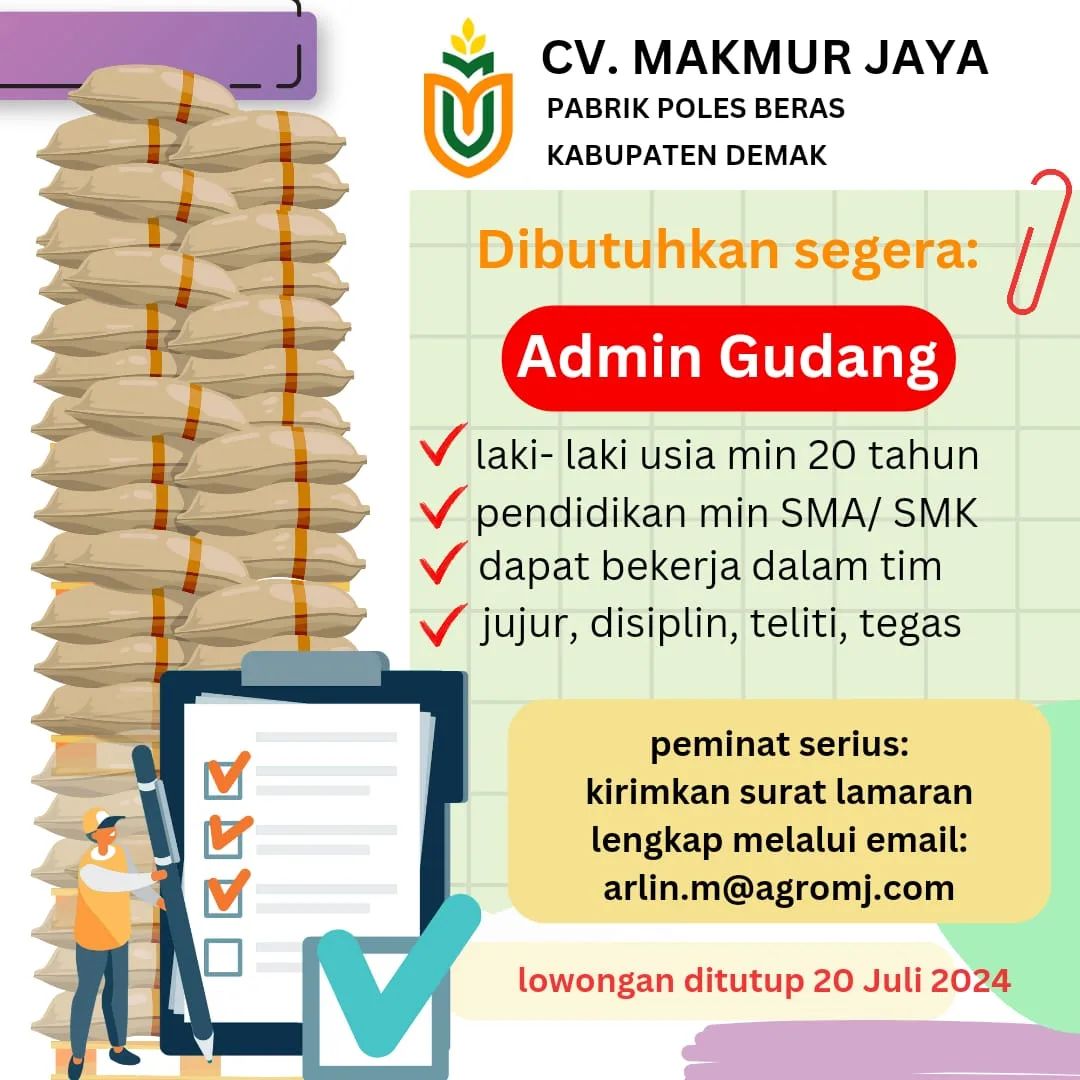 Lowongan Kerja Admin Gudang di CV Makmur Jaya Demak