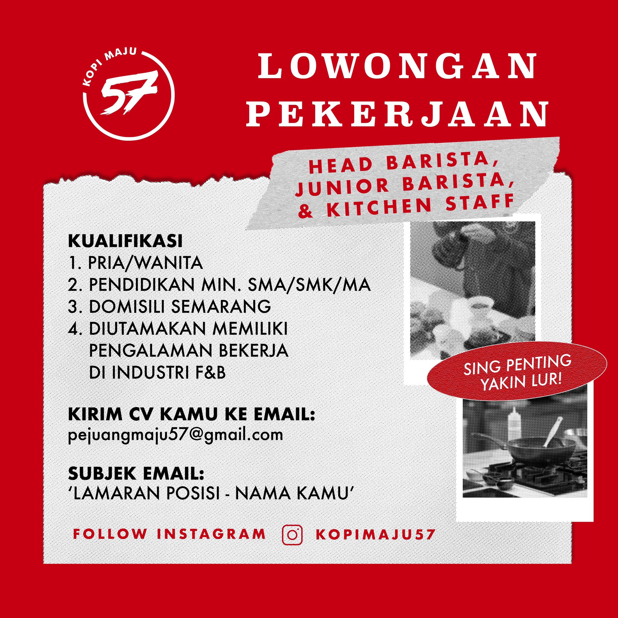 Lowongan Kerja Barista & Kitchen Staff di Kopi Maju Semarang