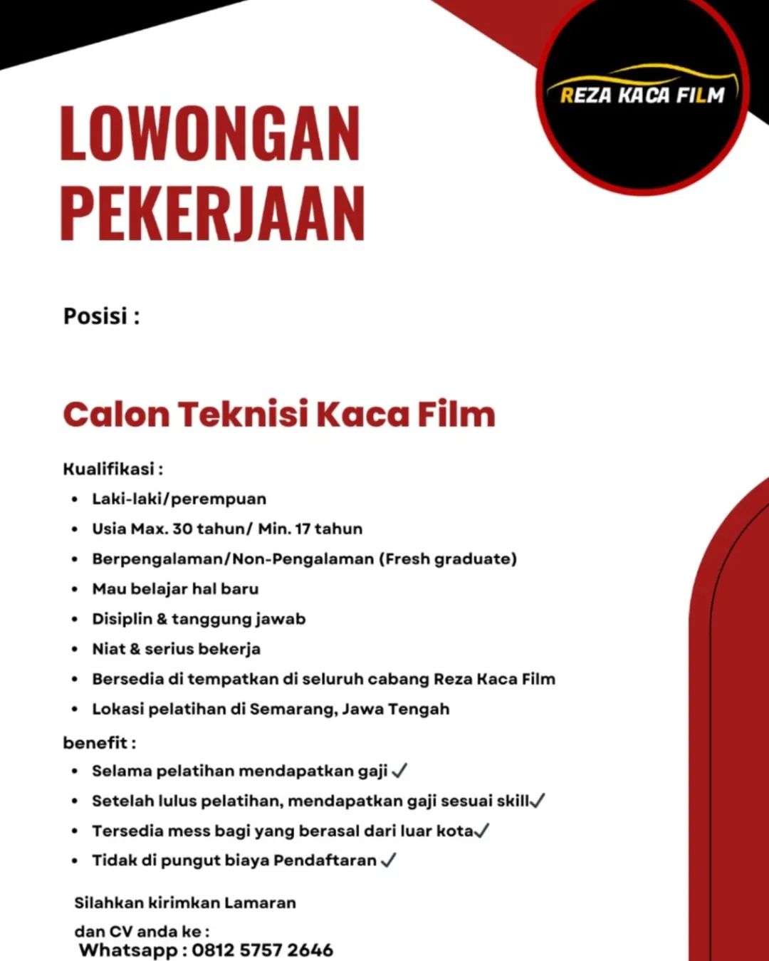 Lowongan Kerja Calon Teknisi Kaca Film di Reza Kaca Semarang