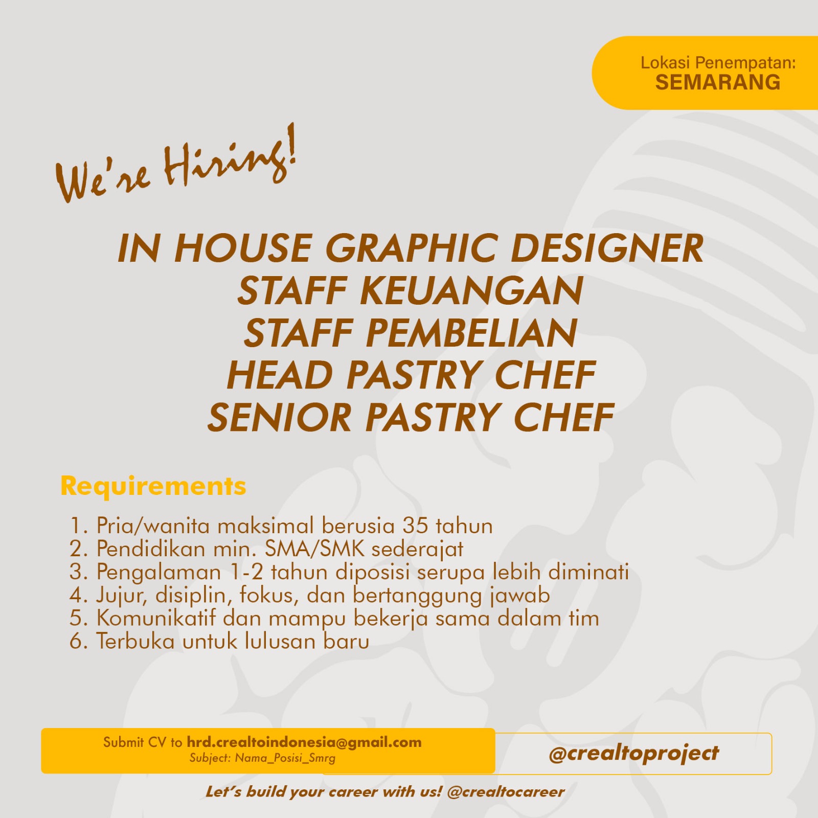 Lowongan Kerja Chef, Designer & Staff Keuangan di Crealtoproject Semarang