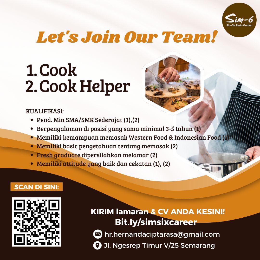 Lowongan Kerja Cook & Cook Helper di Sim 6 Resto Garden Semarang