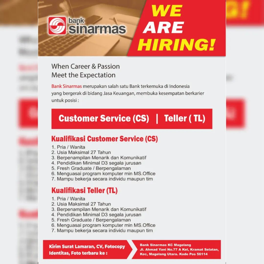 Lowongan Kerja Costumer Service & Teller di Bank Sinarmas Magelang