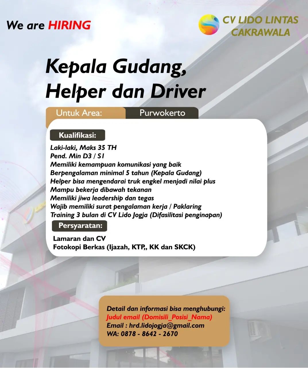 Lowongan Kerja Kepala Gudang, Helper & Driver di CV Lido Jogja