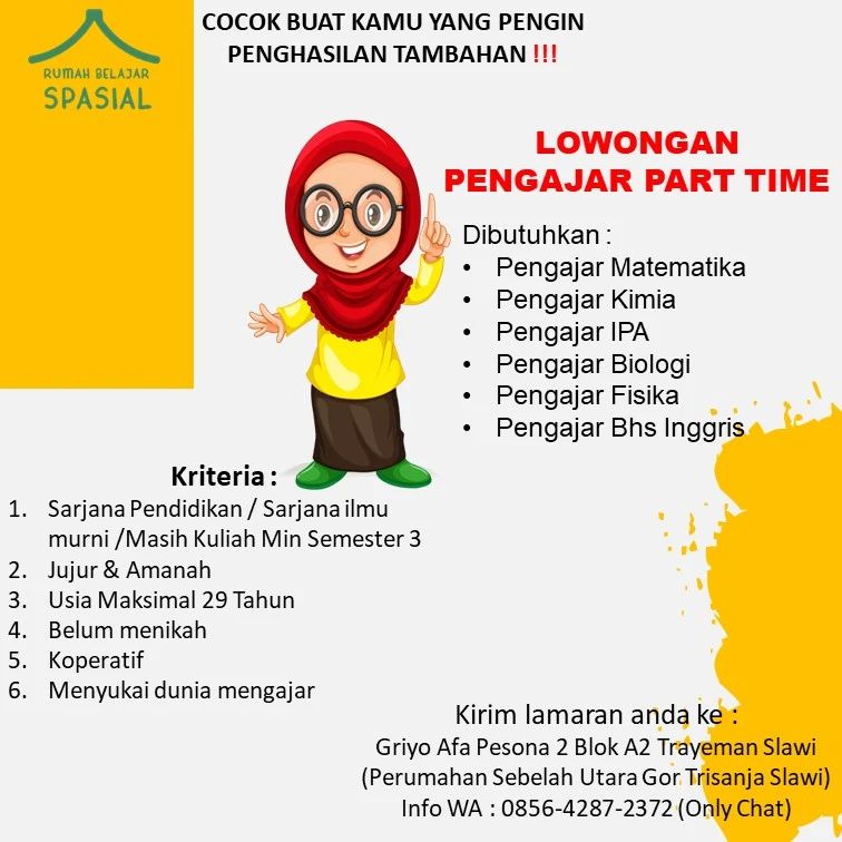 Lowongan Kerja Pengajar Part-time di Rumah Belajar Spasial Slawi