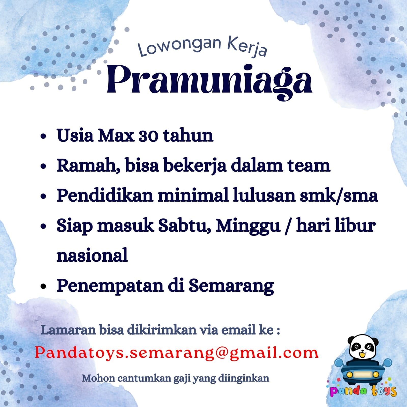 Lowongan Kerja Pramuniaga di Panda Toys Semarang