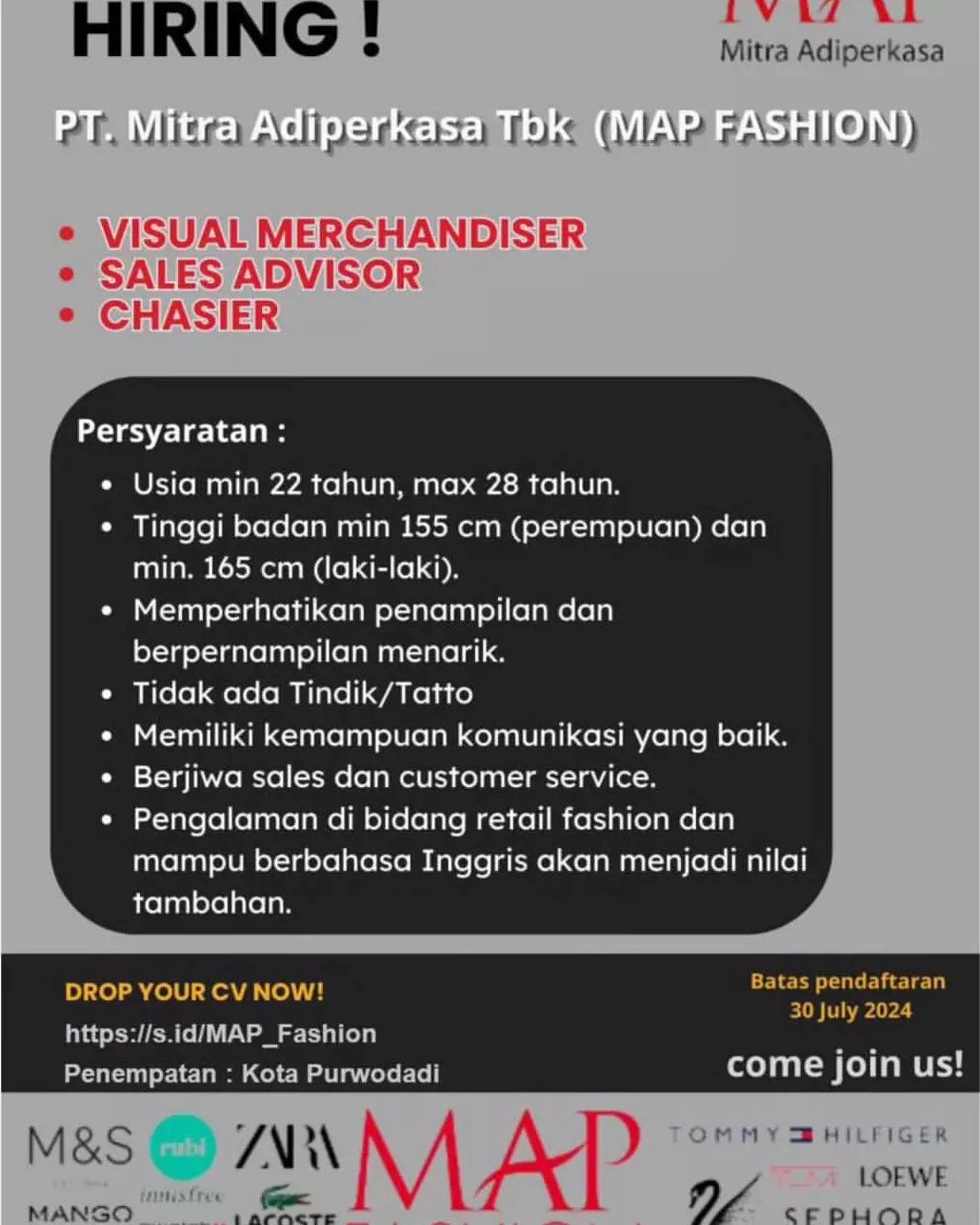 Lowongan Kerja Sales, Cashier & Merchandiser di MAP Fashion Purwokerto