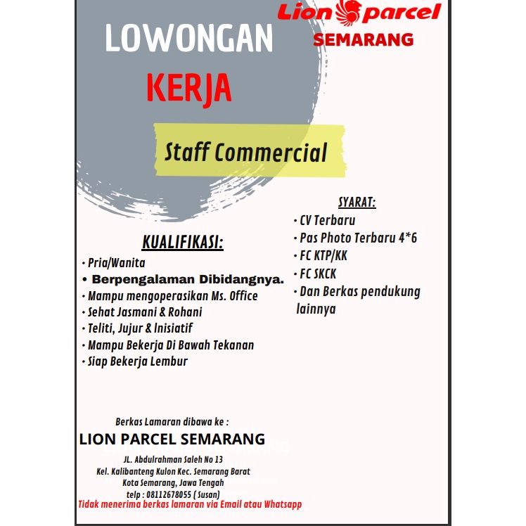 Lowongan Kerja Staff Commercial di Lion Parcel Semarang