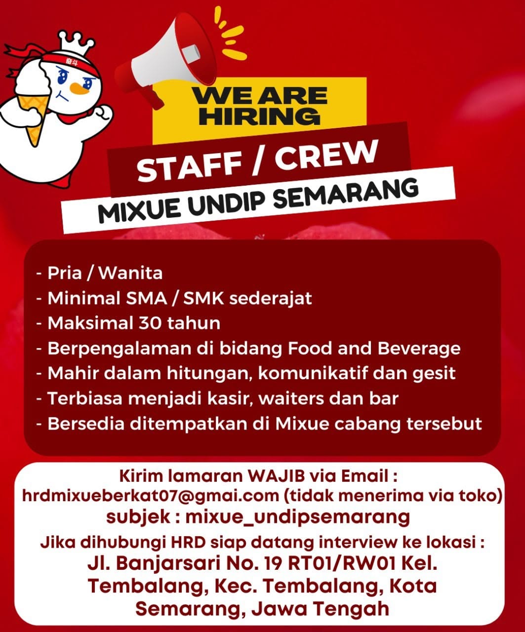 Lowongan Kerja Staff Crew di Mixue Undip Semarang