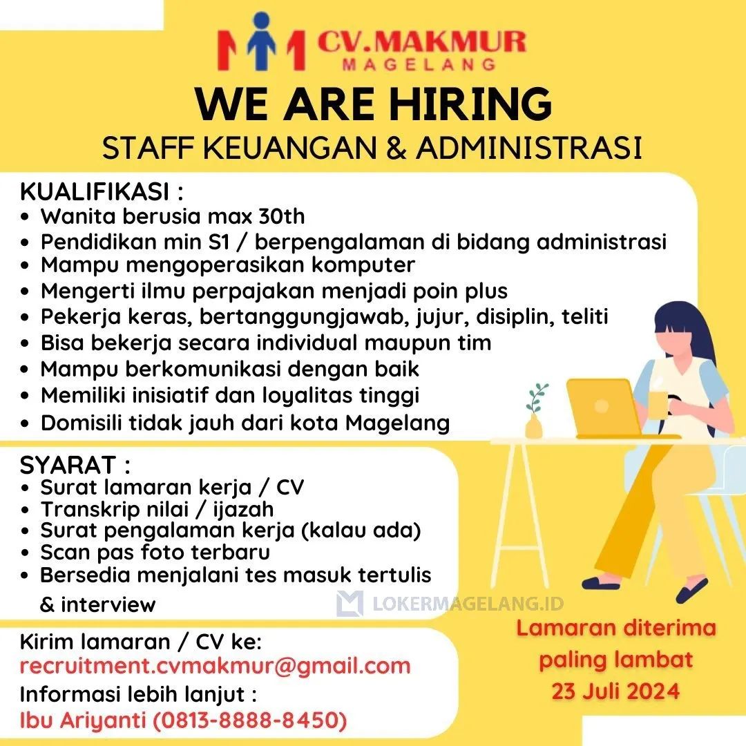 Lowongan Kerja Staff Keuangan & Admin di CV Makmur Magelang