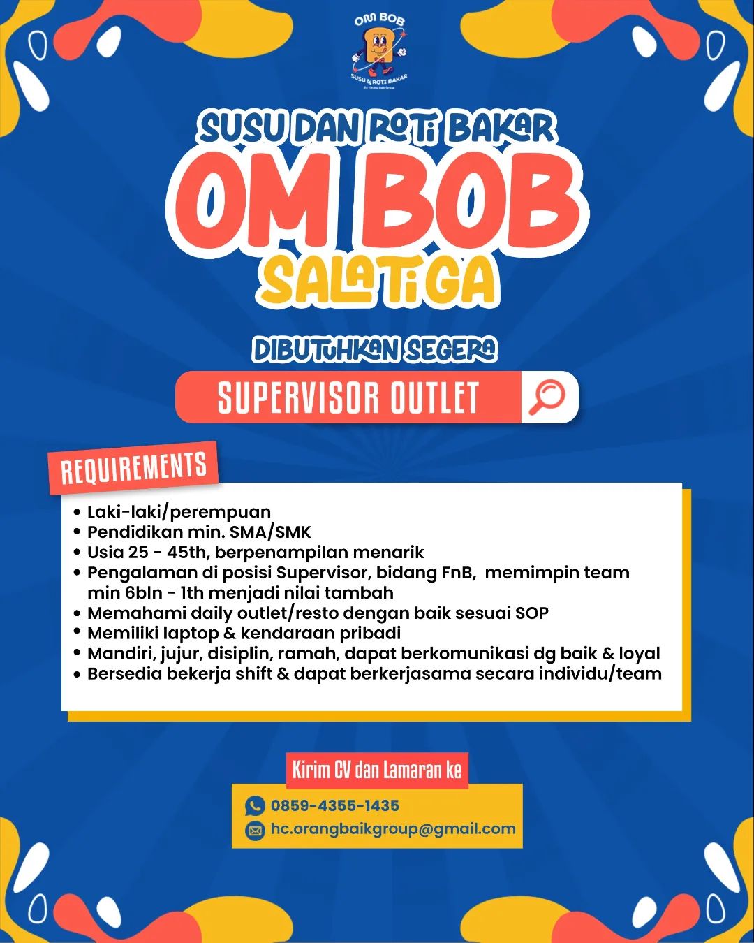 Lowongan Kerja Supervisor Outlet di Om Bob Susu & Roti Bakar Salatiga