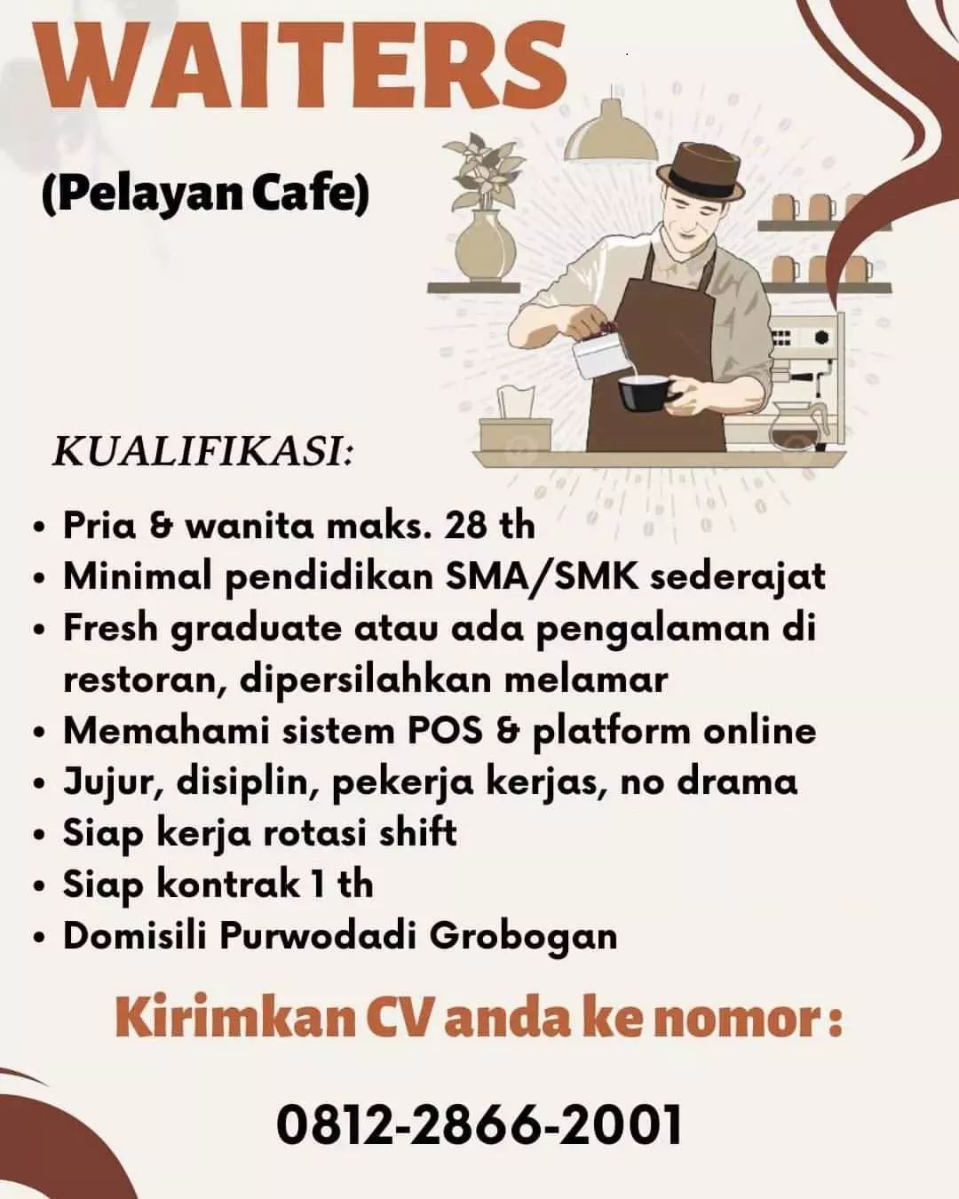 Lowongan Kerja Waiter (Pelayan Cafe) di Purwodadi Grobogan