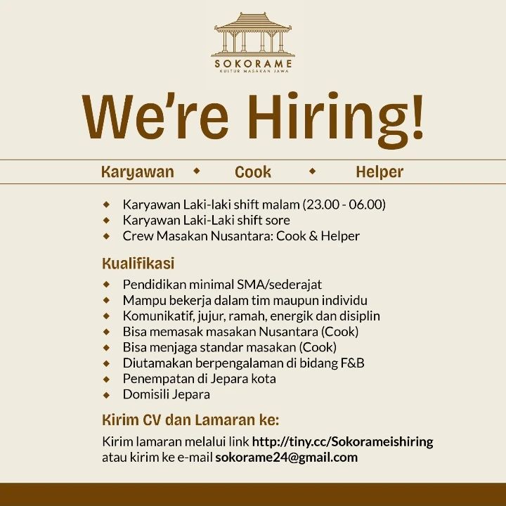 Lowongan Kerja Cook & Helper di Resto Sokorame Jepara