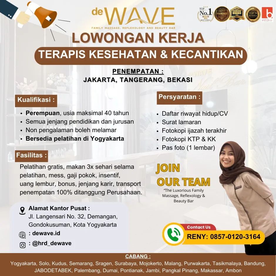 Lowongan Kerja Terapis Kesehatan & Kecantikan di De Wave Yogyakarta