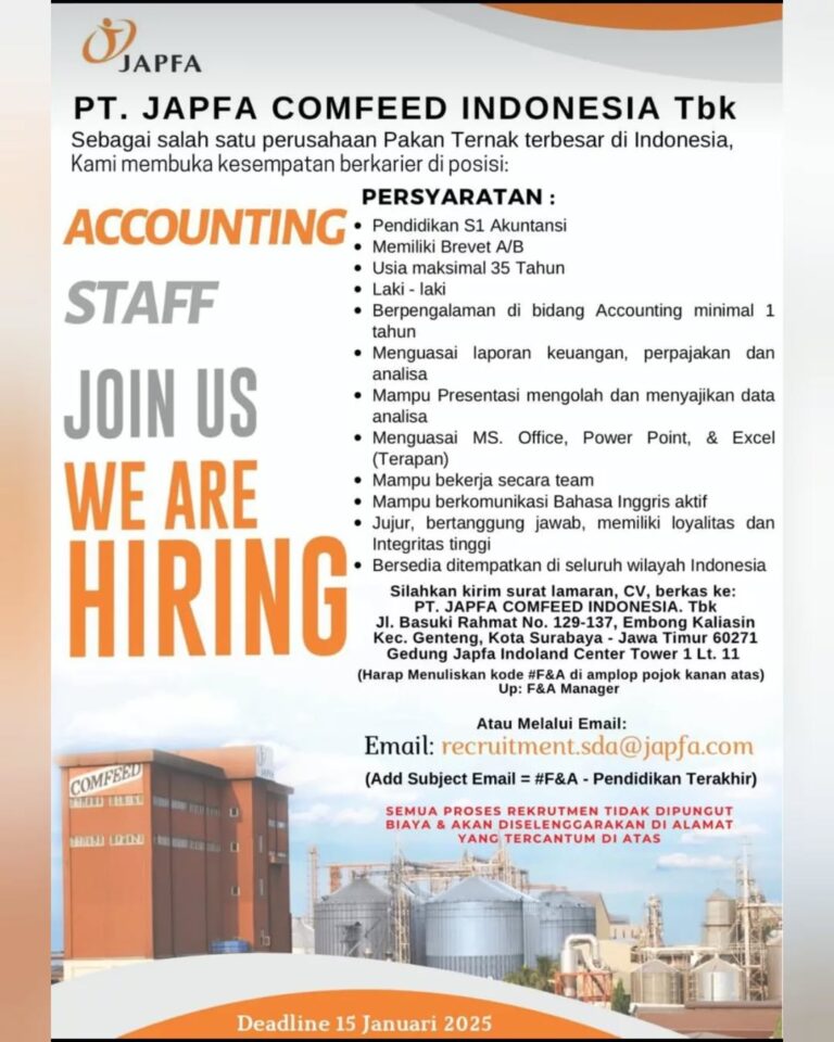 Lowongan Kerja Staff Accounting di PT Japfa Comfeed Surabaya